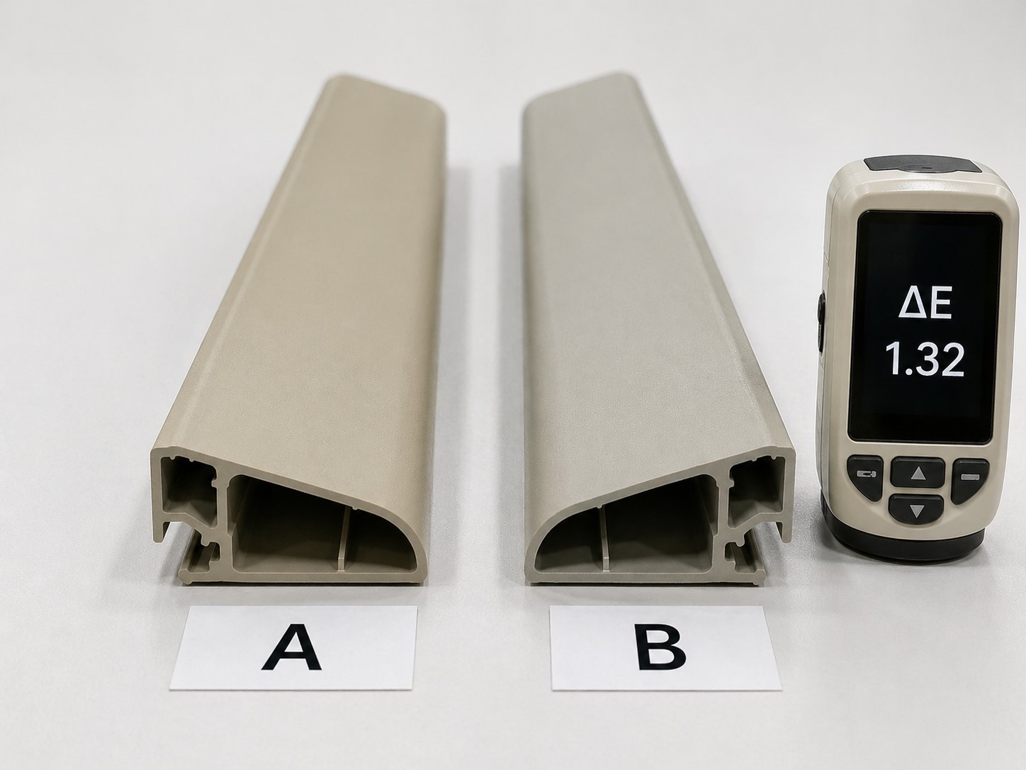 Comparison of two custom colored ABS trim profiles showing subtle batch-to-batch color drift in industrial assembly Comparison of two custom colored ABS trim profiles showing subtle batch-to-batch color drift in industrial assembly