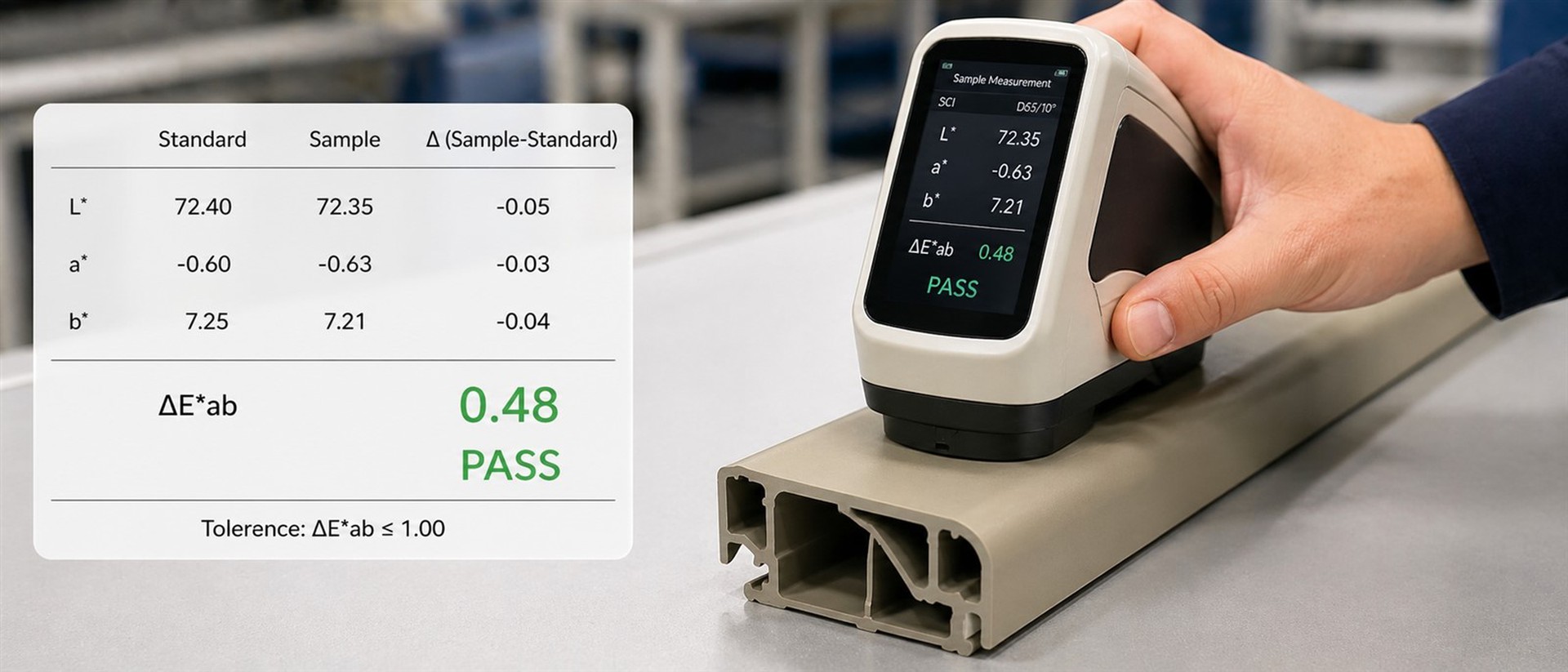 Spectrophotometer measuring L*a*b* color space values on a plastic extrusion profile to ensure Delta E compliance Spectrophotometer measuring L*a*b* color space values on a plastic extrusion profile to ensure Delta E compliance