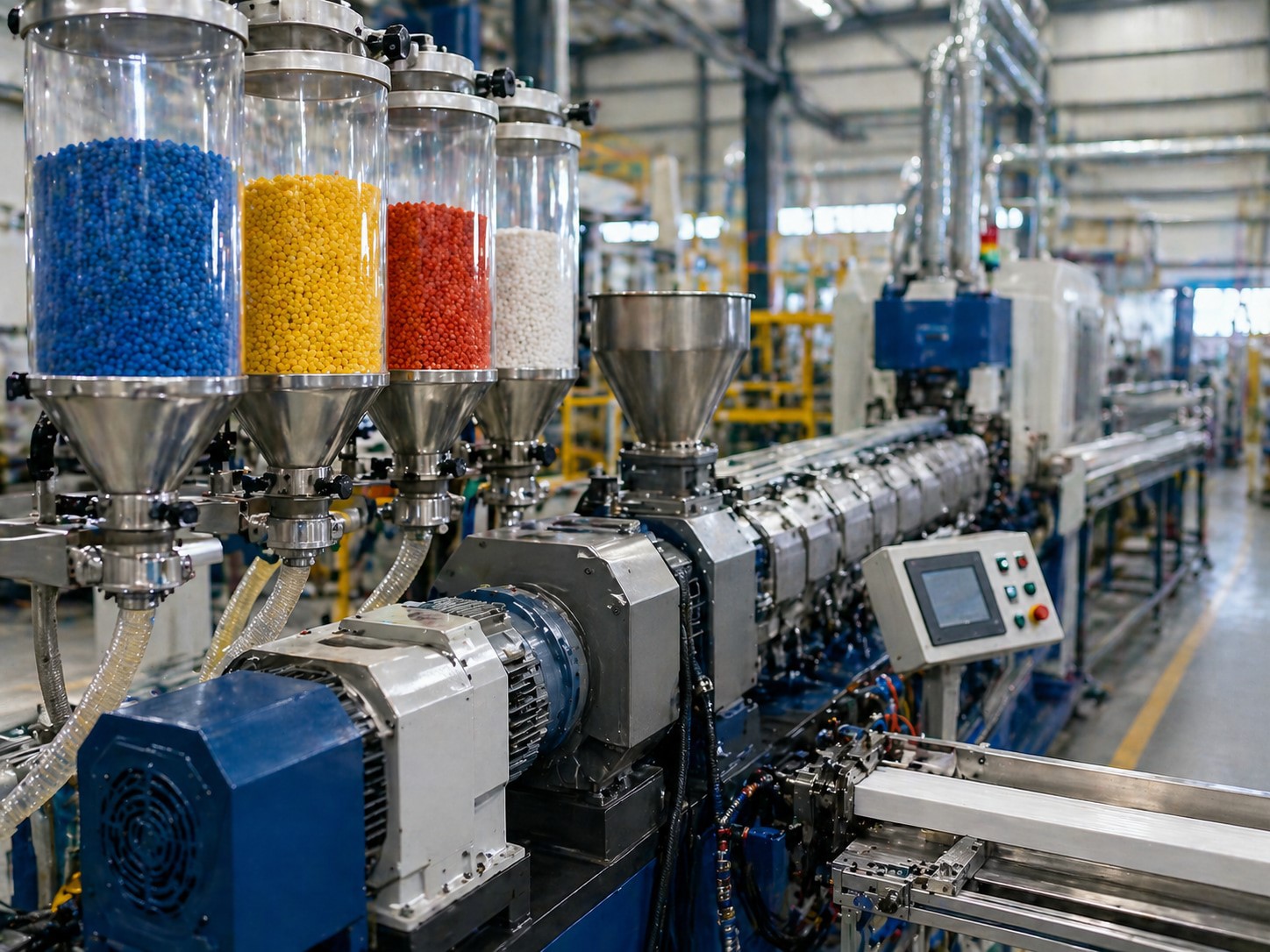 Plastic extrusion machinery production line showing colorful masterbatch pellets being fed into the system Plastic extrusion machinery production line showing colorful masterbatch pellets being fed into the system