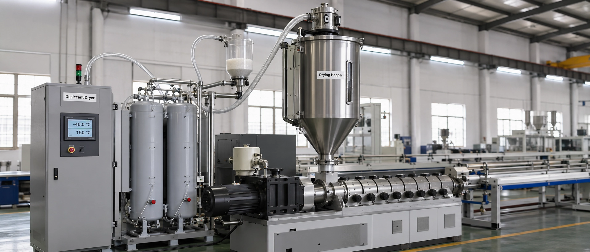 Hygroscopic polymer raw material resin drying equipment and desiccant moisture control for polycarbonate profile extrusion Hygroscopic polymer raw material resin drying equipment and desiccant moisture control for polycarbonate profile extrusion